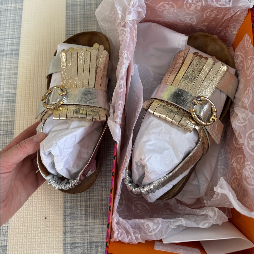 Tory Burch silver and gold flats